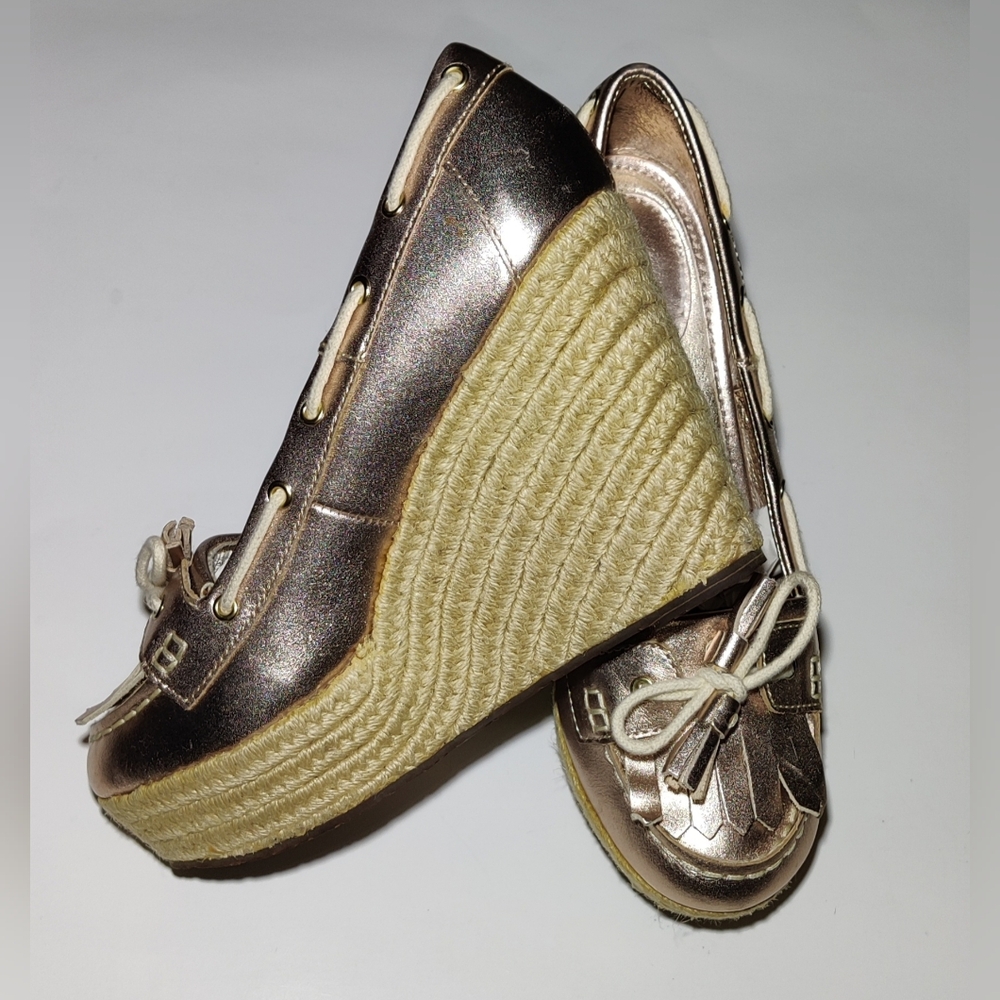 Sebago Wedge Boating Sandals Womens Size 9 Pink Brown Rope Wrap Patent Leather - Picture 2 of 4